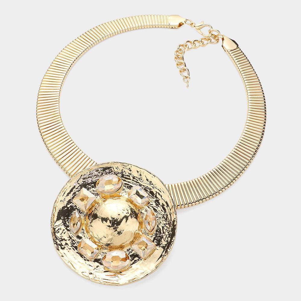 Gold Rhinestone Pointed Hammered Metal Circle Plate Pendant Statement Necklace - Jewelry Store by Erik Rayo