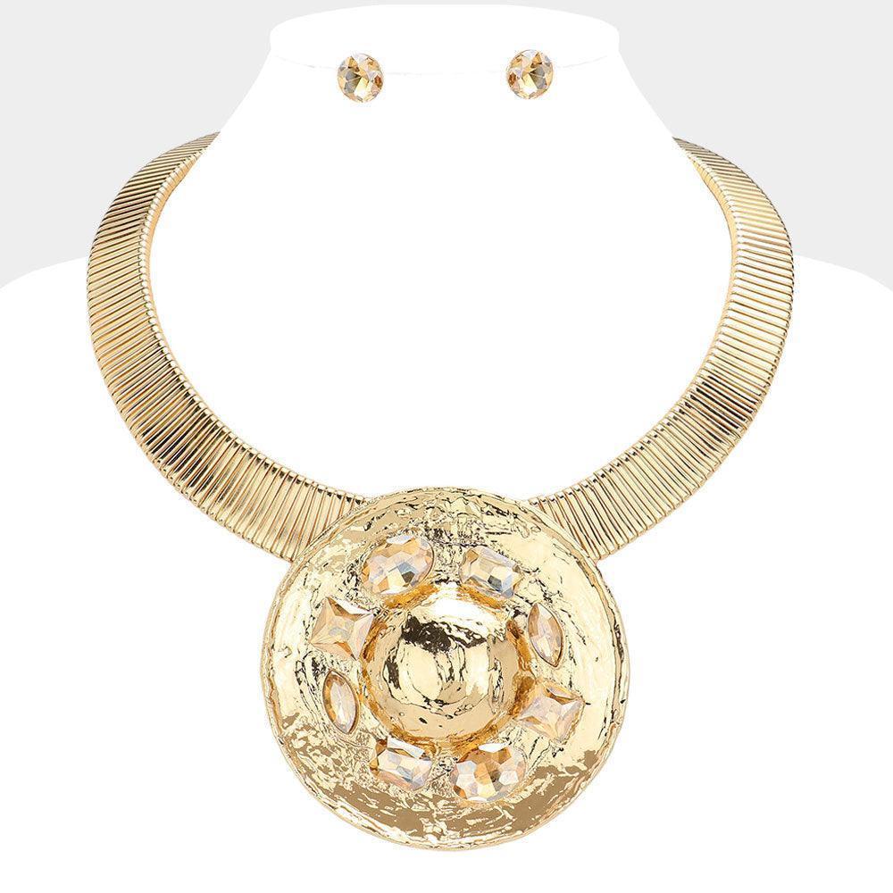 Gold Rhinestone Pointed Hammered Metal Circle Plate Pendant Statement Necklace - Jewelry Store by Erik Rayo