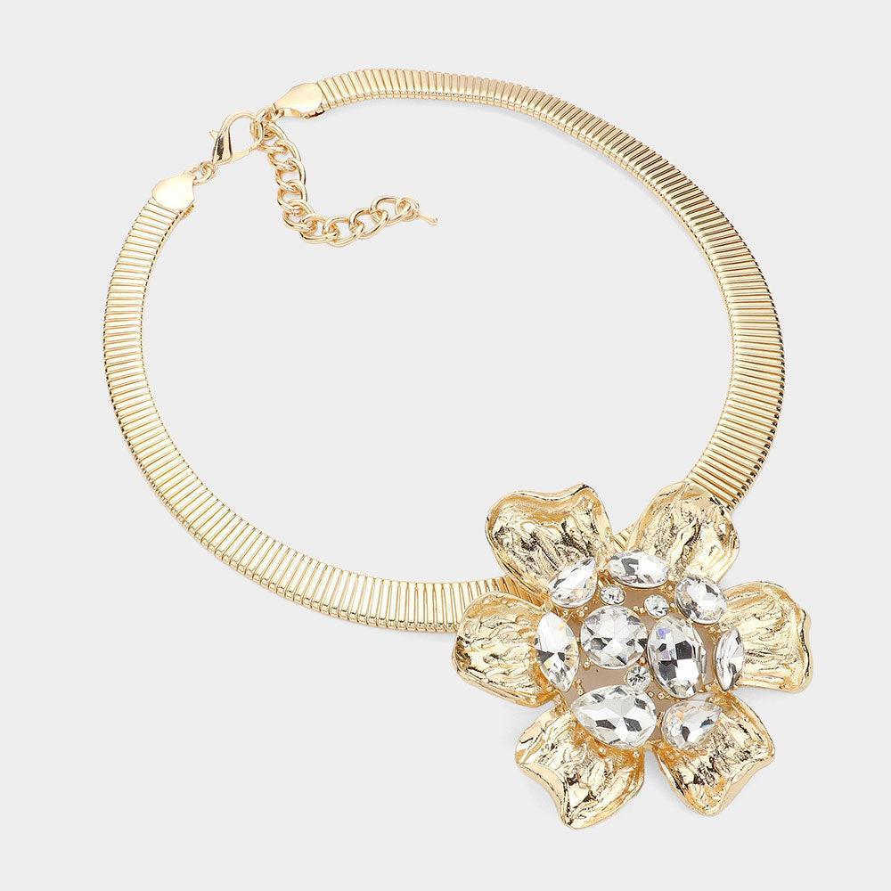Clear Stone Embellished Hammered Metal Flower Pendant Statement Necklace - Jewelry Store by Erik Rayo
