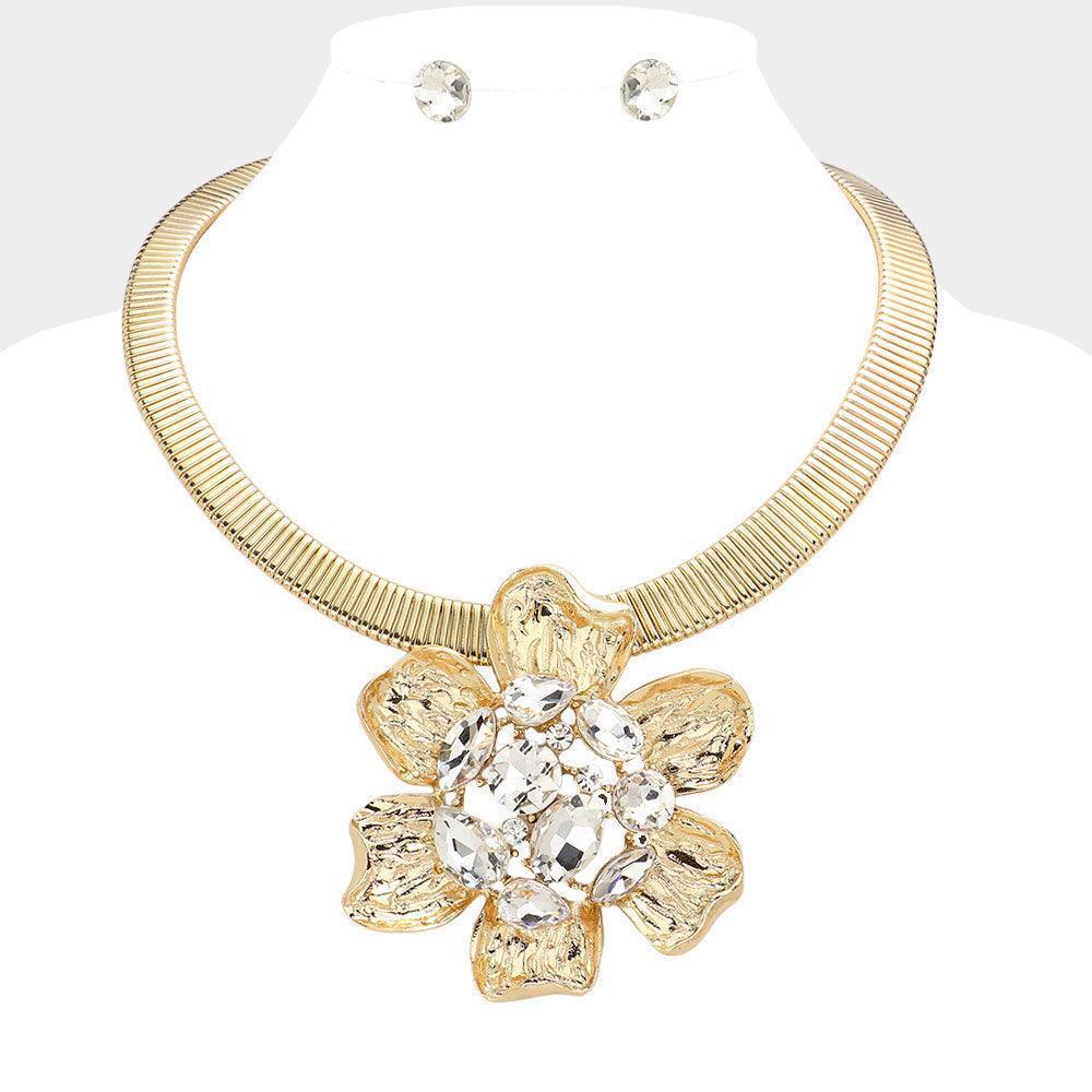 Clear Stone Embellished Hammered Metal Flower Pendant Statement Necklace - Jewelry Store by Erik Rayo