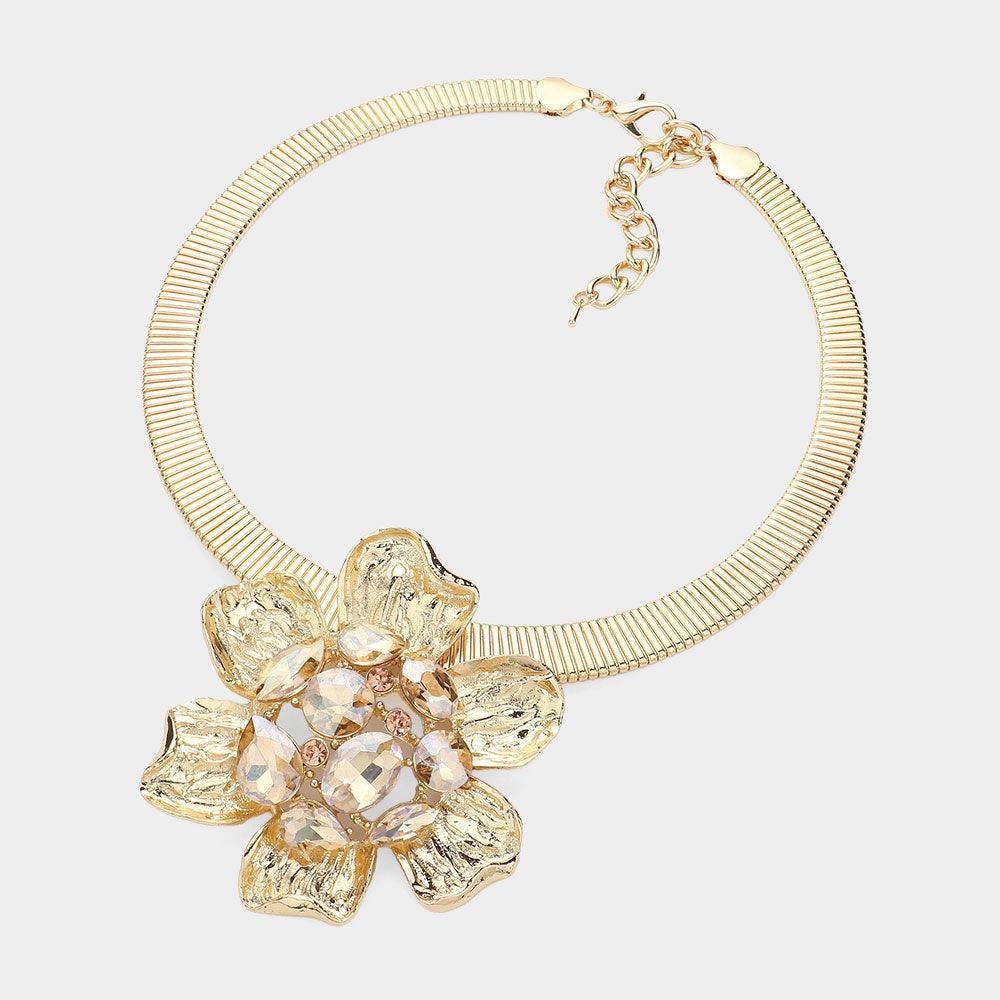 Gold Stone Embellished Hammered Metal Flower Pendant Statement Necklace - Jewelry Store by Erik Rayo
