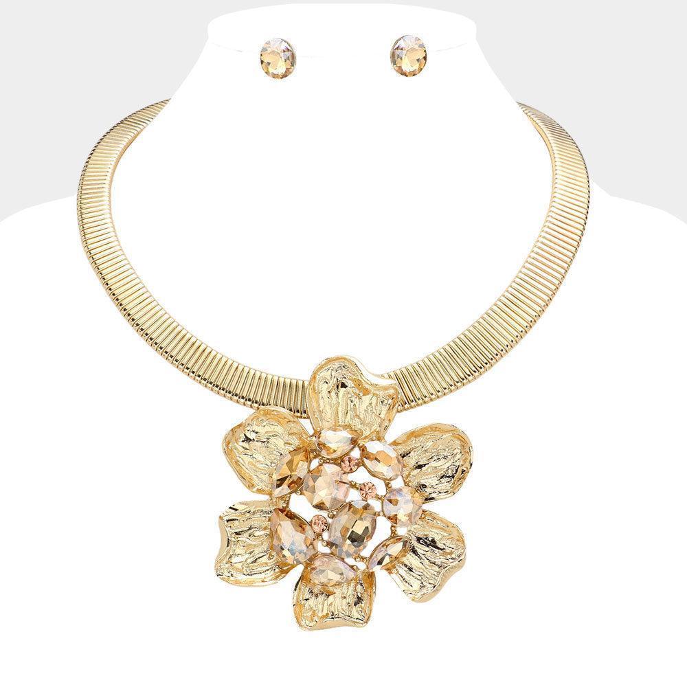 Gold Stone Embellished Hammered Metal Flower Pendant Statement Necklace - Jewelry Store by Erik Rayo