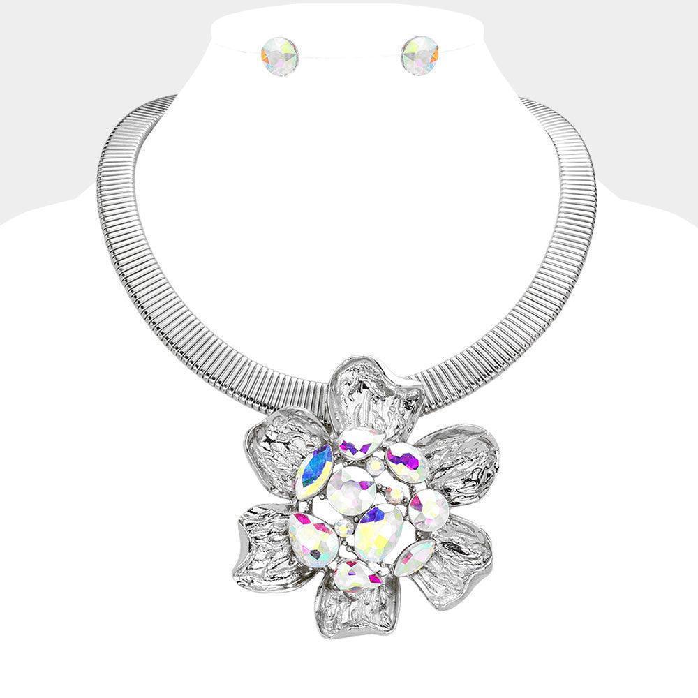 Stone Embellished Hammered Metal Flower Pendant Statement Necklace - Jewelry Store by Erik Rayo