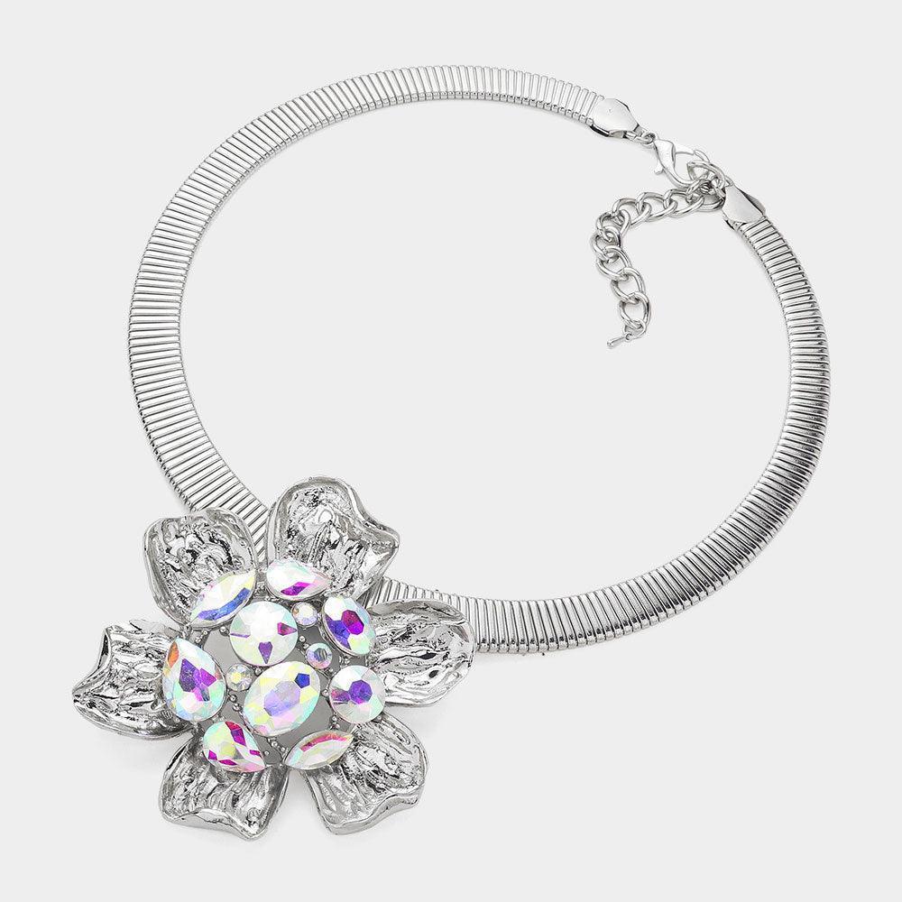 Stone Embellished Hammered Metal Flower Pendant Statement Necklace - Jewelry Store by Erik Rayo