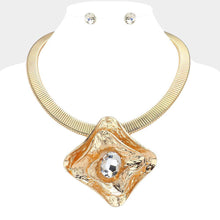 Load image into Gallery viewer, Clear Oval Stone Pointed Hammered Metal Plate Pendant Statement Necklace
