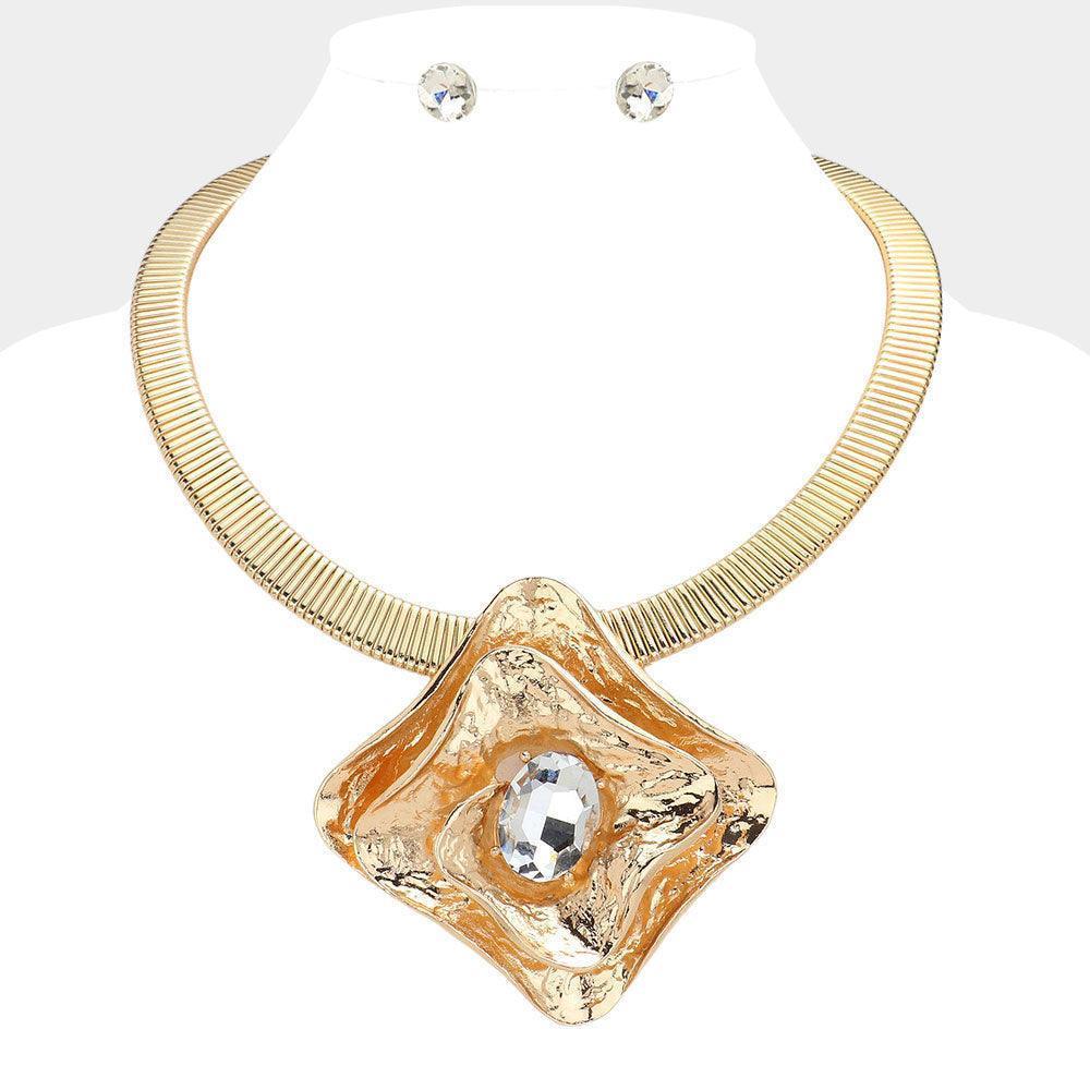 Clear Oval Stone Pointed Hammered Metal Plate Pendant Statement Necklace