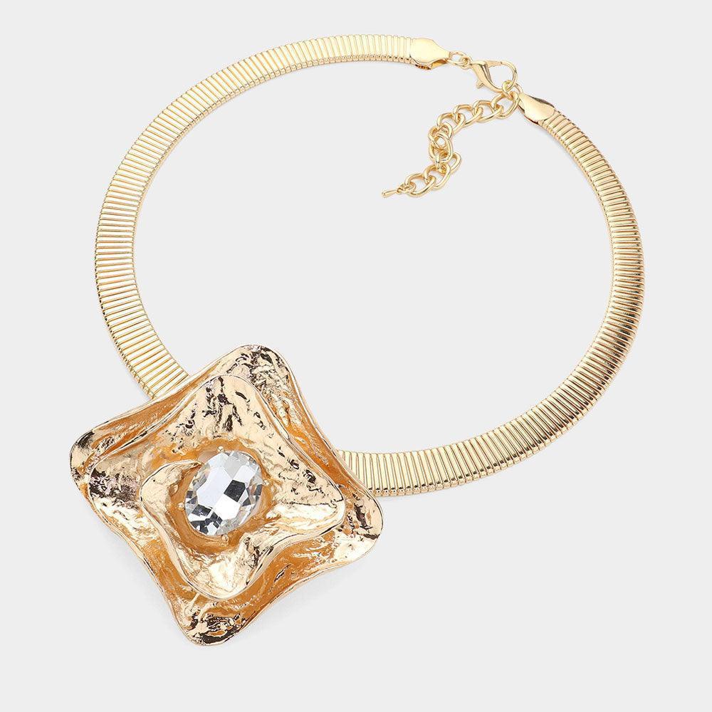 Clear Oval Stone Pointed Hammered Metal Plate Pendant Statement Necklace - Jewelry Store by Erik Rayo