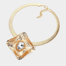 Load image into Gallery viewer, Clear Oval Stone Pointed Hammered Metal Plate Pendant Statement Necklace
