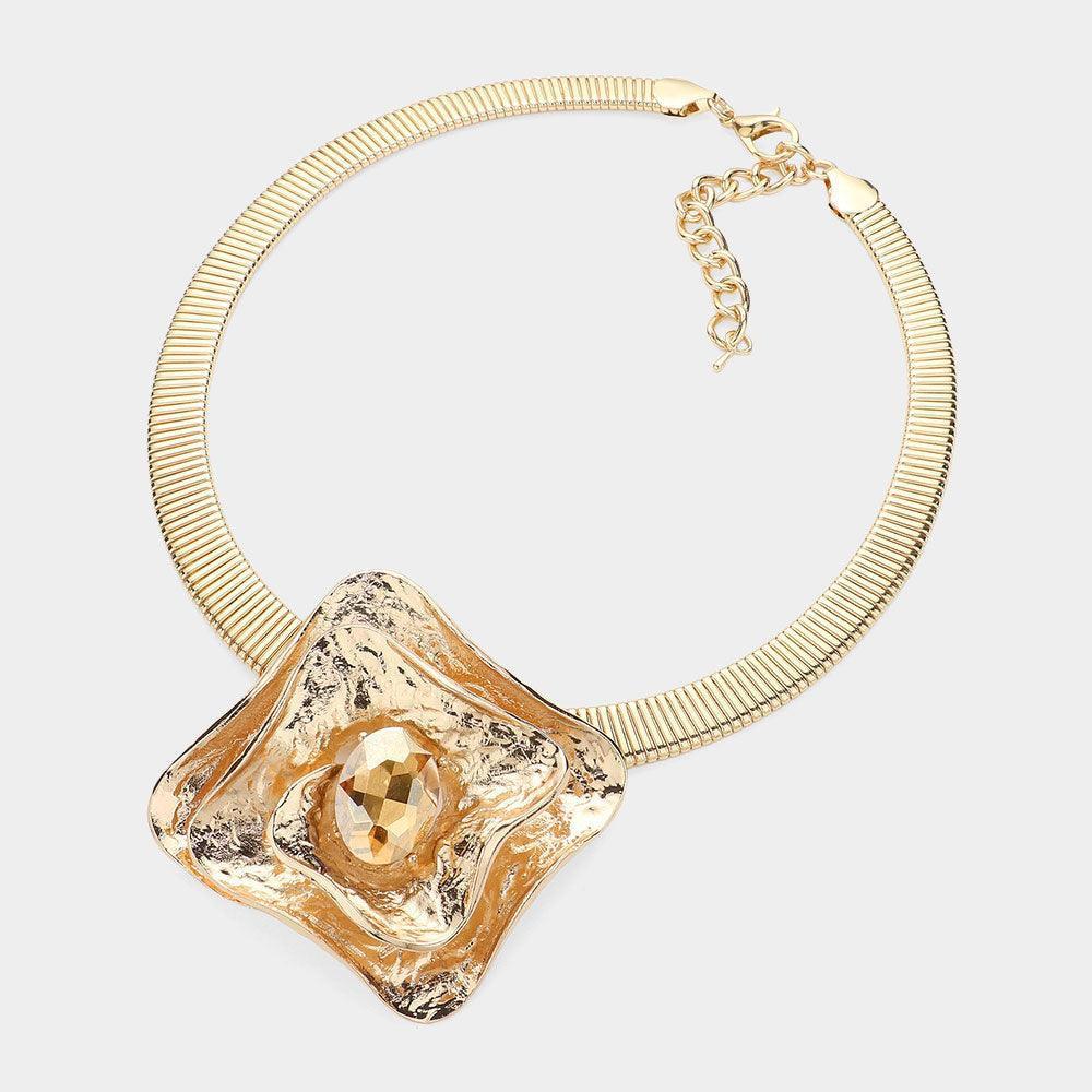 Gold Oval Stone Pointed Hammered Metal Plate Pendant Statement Necklace - Jewelry Store by Erik Rayo
