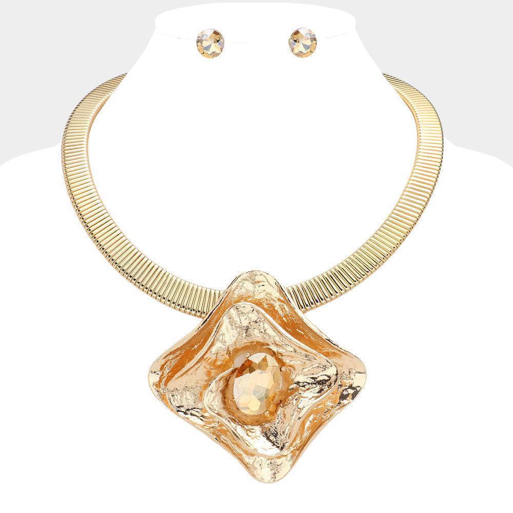 Gold Oval Stone Pointed Hammered Metal Plate Pendant Statement Necklace - Jewelry Store by Erik Rayo