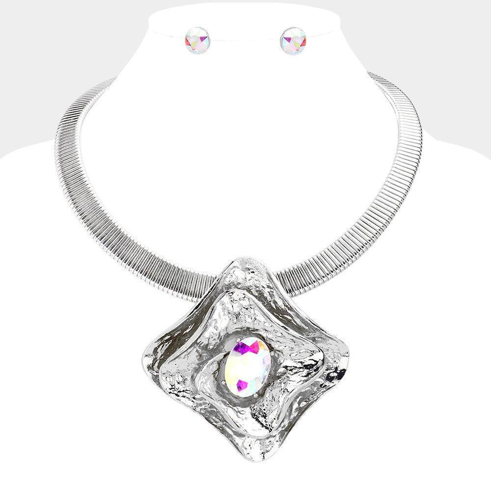 Oval Stone Pointed Hammered Metal Plate Pendant Statement Necklace - Jewelry Store by Erik Rayo