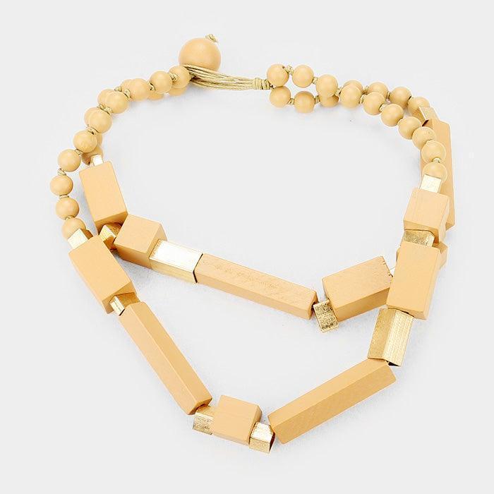 Gold Double Strand Metal Wood Beaded Necklace - Jewelry Store by Erik Rayo