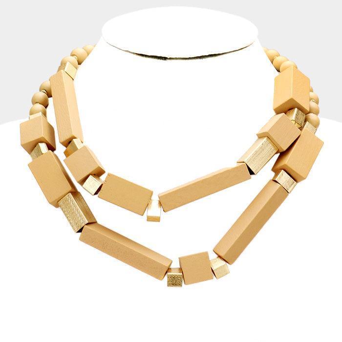 Gold Double Strand Metal Wood Beaded Necklace - Jewelry Store by Erik Rayo
