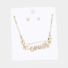 Load image into Gallery viewer, Gold Crush Safety Pin Pendant Necklace Rhinestone Paved
