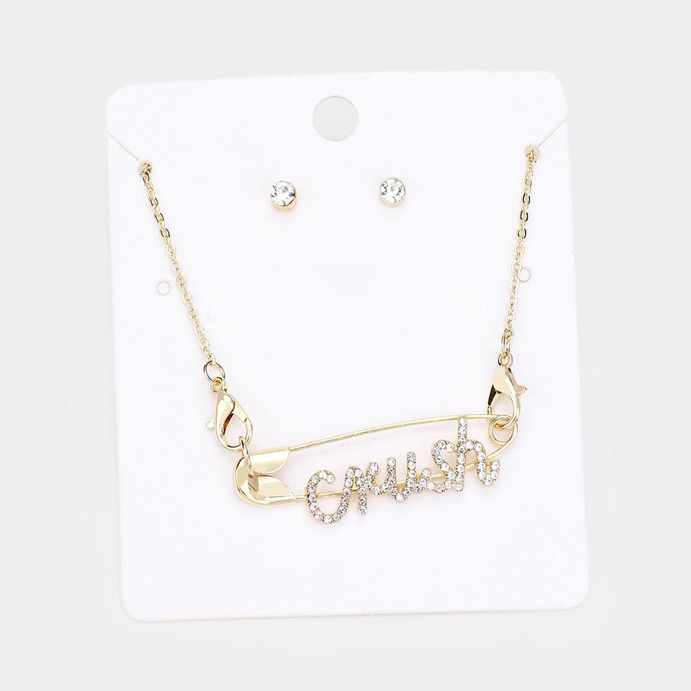 Gold Crush Safety Pin Pendant Necklace Rhinestone Paved