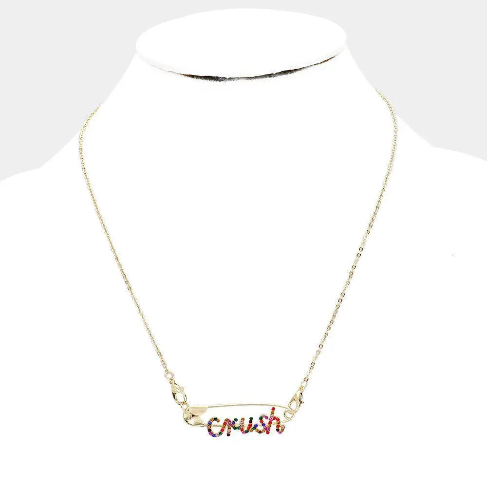 Gold Crush Safety Pin Pendant Necklace Rhinestone Paved - Jewelry Store by Erik Rayo