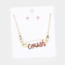 Load image into Gallery viewer, Gold Crush Safety Pin Pendant Necklace Rhinestone Paved
