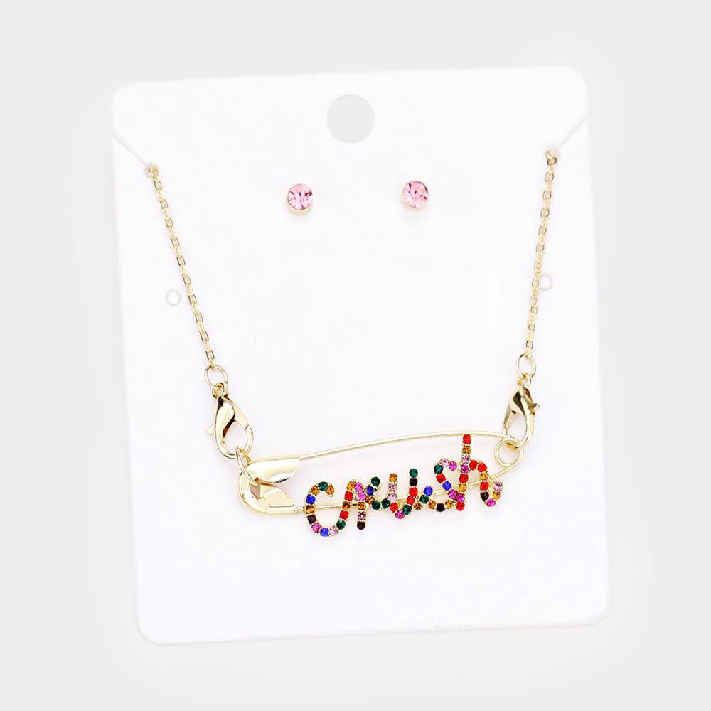 Gold Crush Safety Pin Pendant Necklace Rhinestone Paved