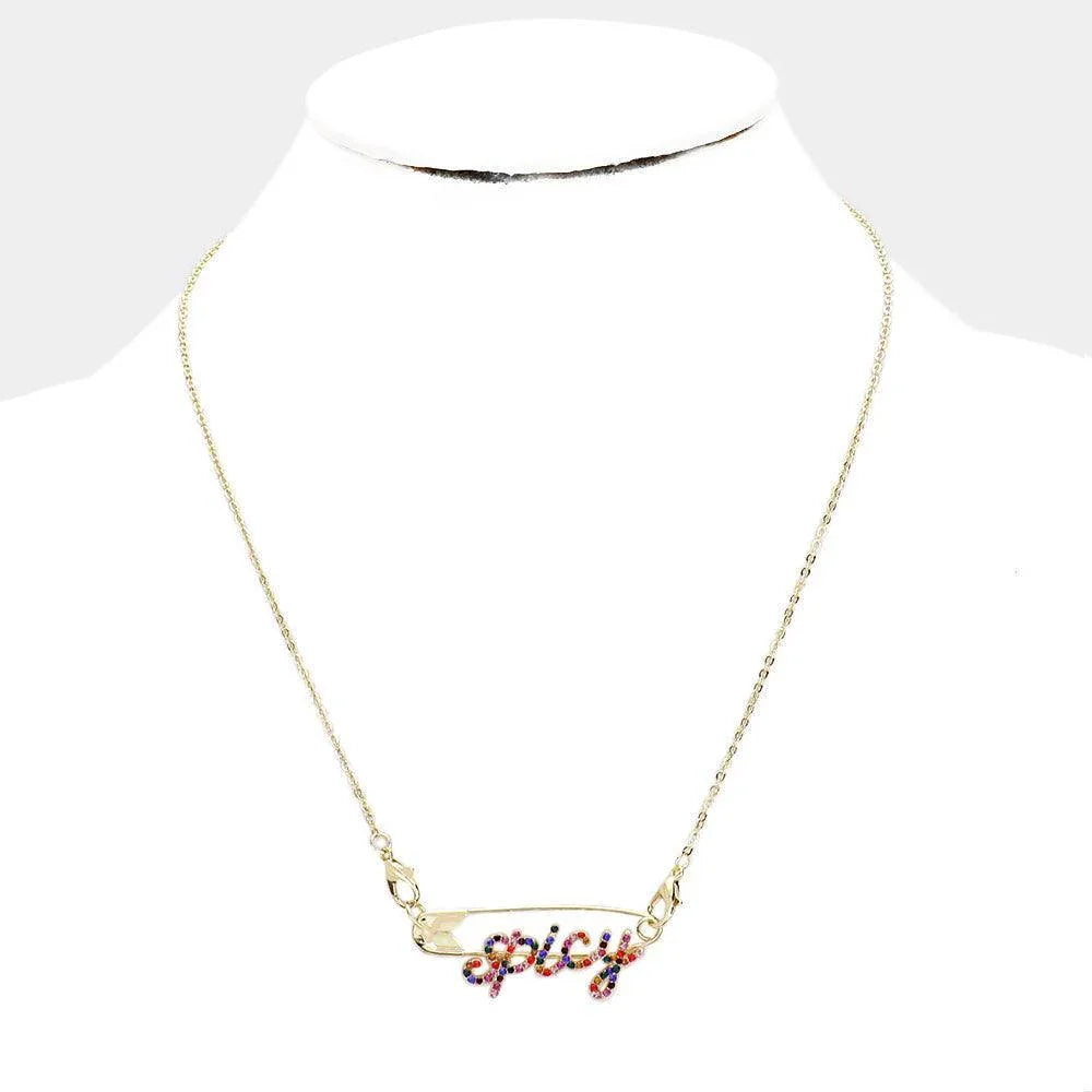 Gold Spicy Safety Pin Pendant Necklace Rhinestone Paved - Jewelry Store by Erik Rayo