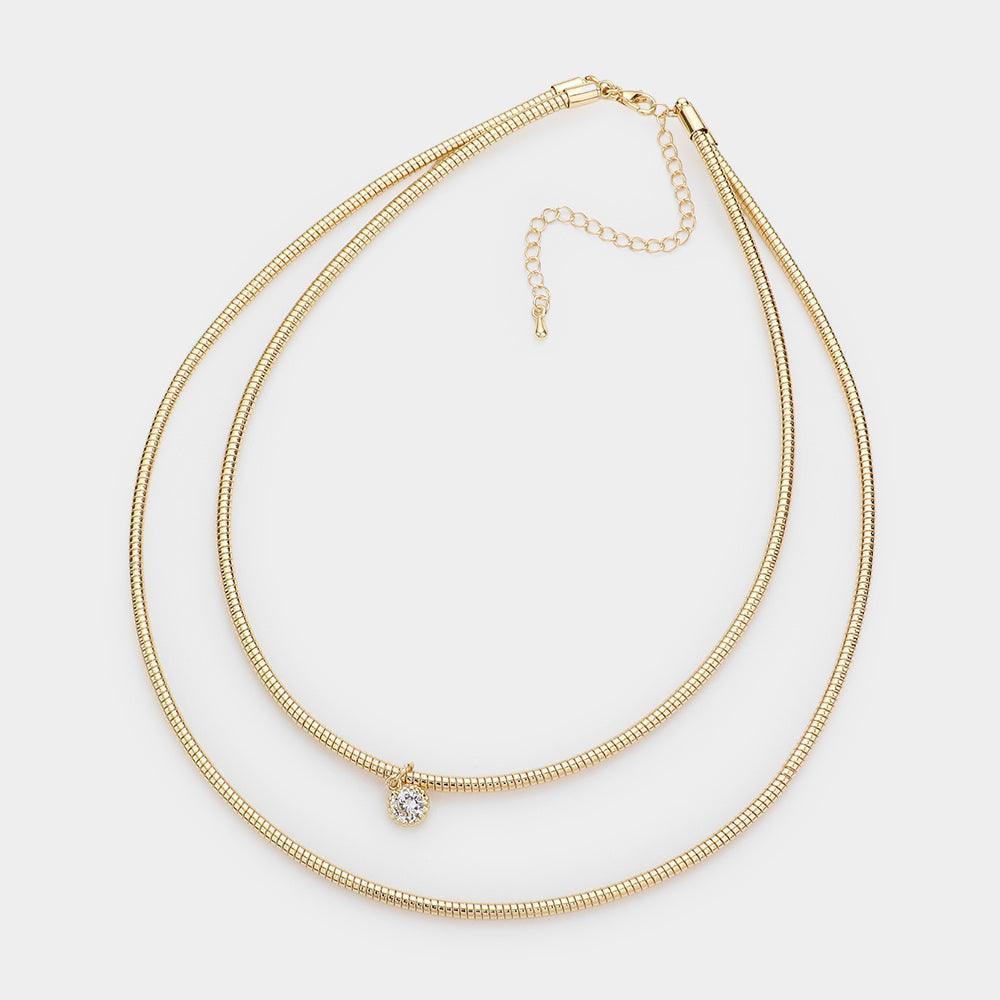 Gold Brass Metal Round Stone Pendant Double Layered Necklace - Jewelry Store by Erik Rayo