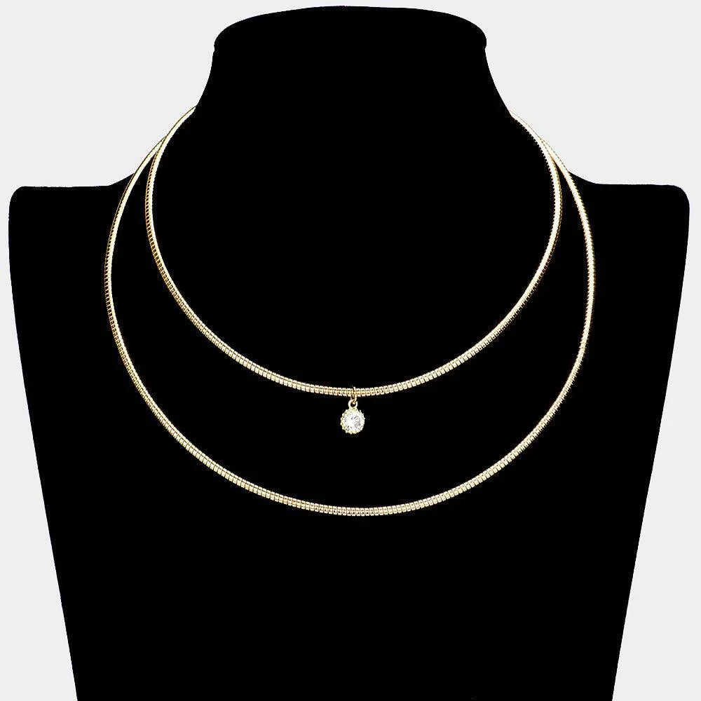 Gold Brass Metal Round Stone Pendant Double Layered Necklace - Jewelry Store by Erik Rayo