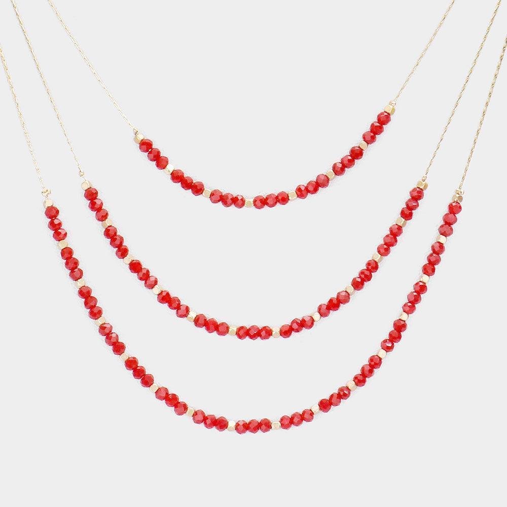 Red Faceted Beaded Triple Layered Bib Necklace - Jewelry Store by Erik Rayo