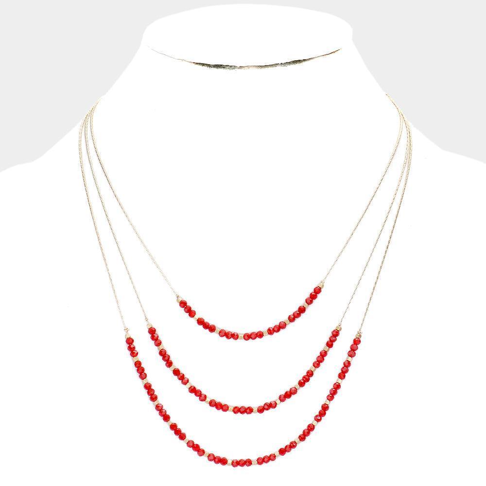 Red Faceted Beaded Triple Layered Bib Necklace - Jewelry Store by Erik Rayo