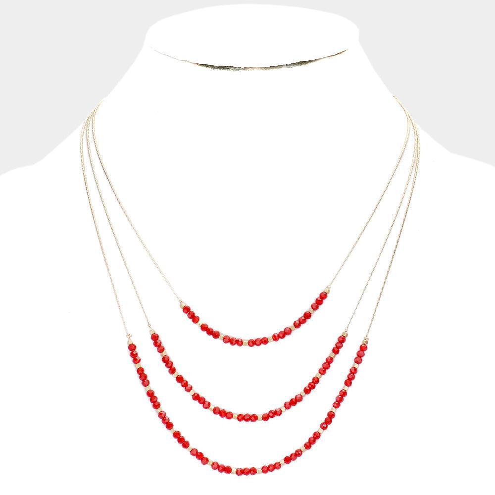 Red Faceted Beaded Triple Layered Bib Necklace
