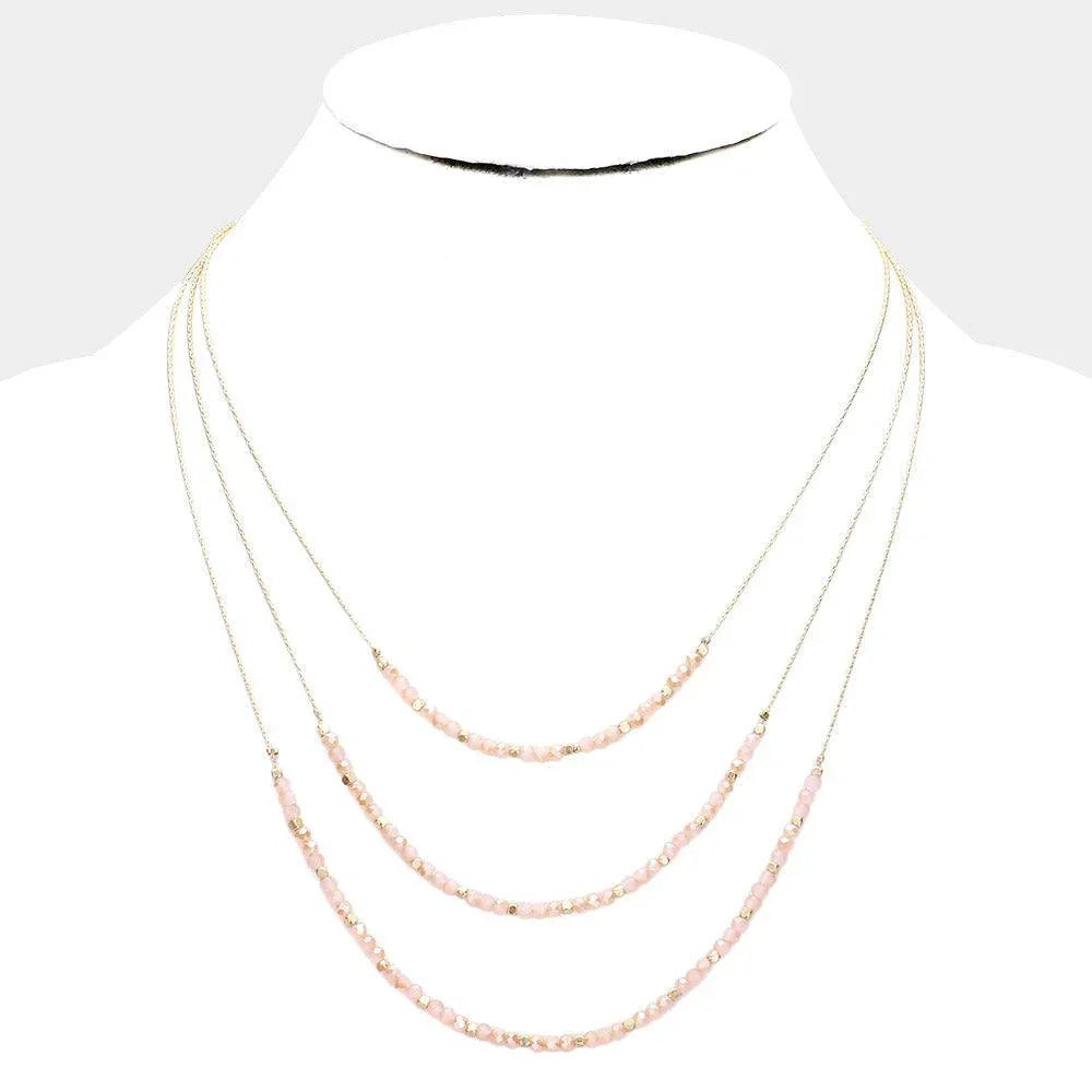 Pink Faceted Beaded Triple Layered Bib Necklace - Jewelry Store by Erik Rayo