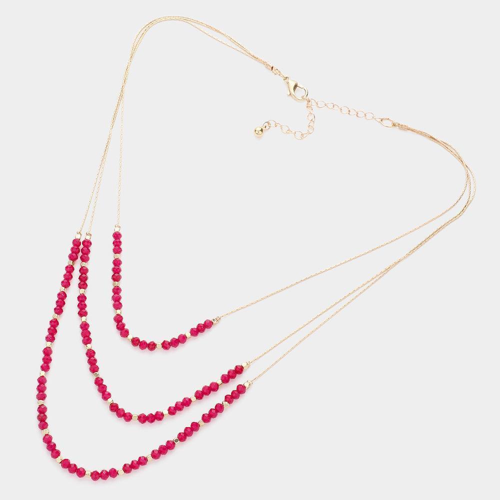 Fuchsia Faceted Beaded Triple Layered Bib Necklace - Jewelry Store by Erik Rayo