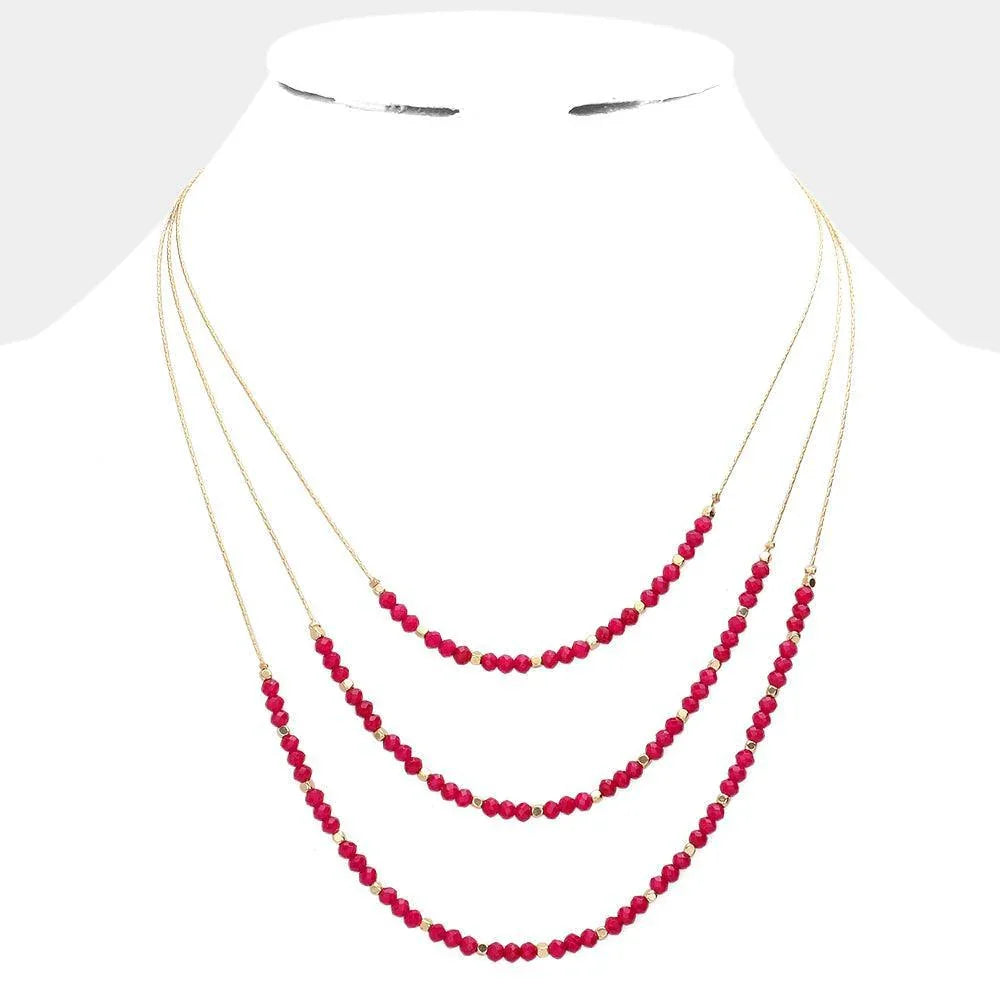 Fuchsia Faceted Beaded Triple Layered Bib Necklace - Jewelry Store by Erik Rayo