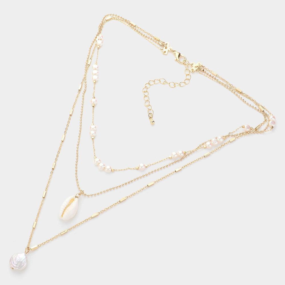 Cream Pearl Strand Shell Pearl Disc Pendant Triple Layered Necklace - Jewelry Store by Erik Rayo