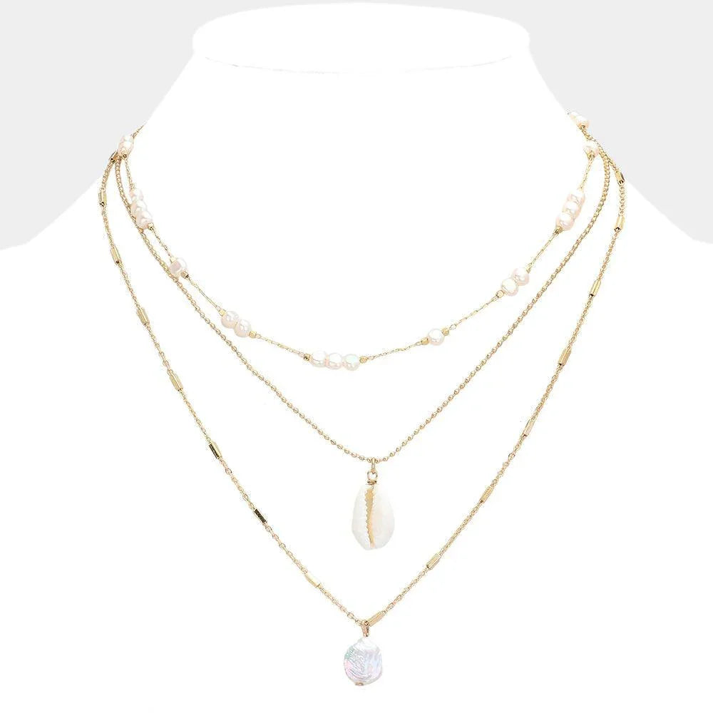 Cream Pearl Strand Shell Pearl Disc Pendant Triple Layered Necklace - Jewelry Store by Erik Rayo