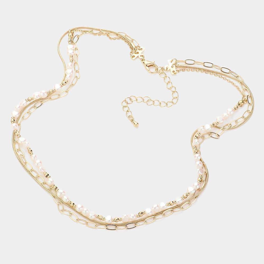 Cream Pearl Metal Chain Multi Layered Necklace - Jewelry Store by Erik Rayo