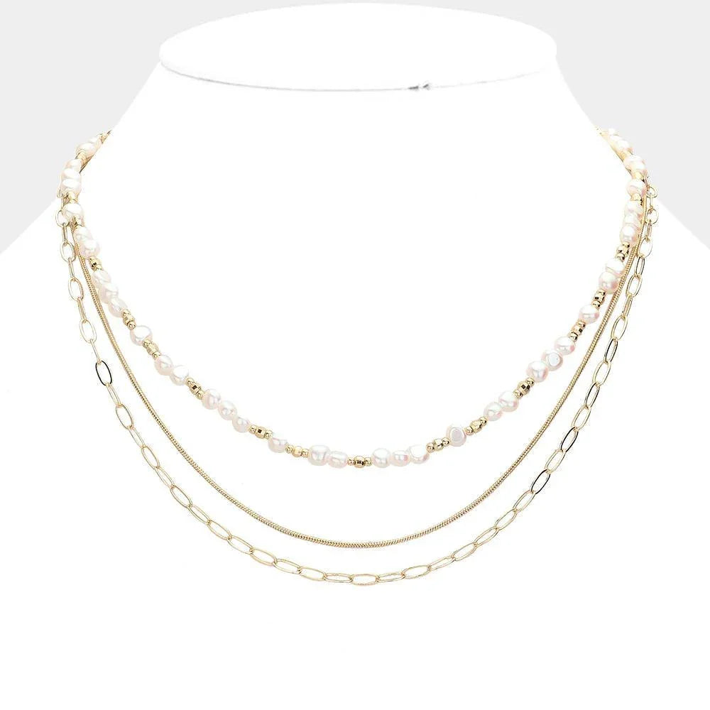 Cream Pearl Metal Chain Multi Layered Necklace - Jewelry Store by Erik Rayo