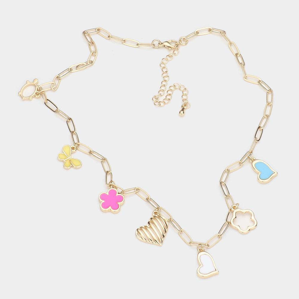 Gold Turtle Butterfly Flower Heart Pendant Station Necklace - Jewelry Store by Erik Rayo