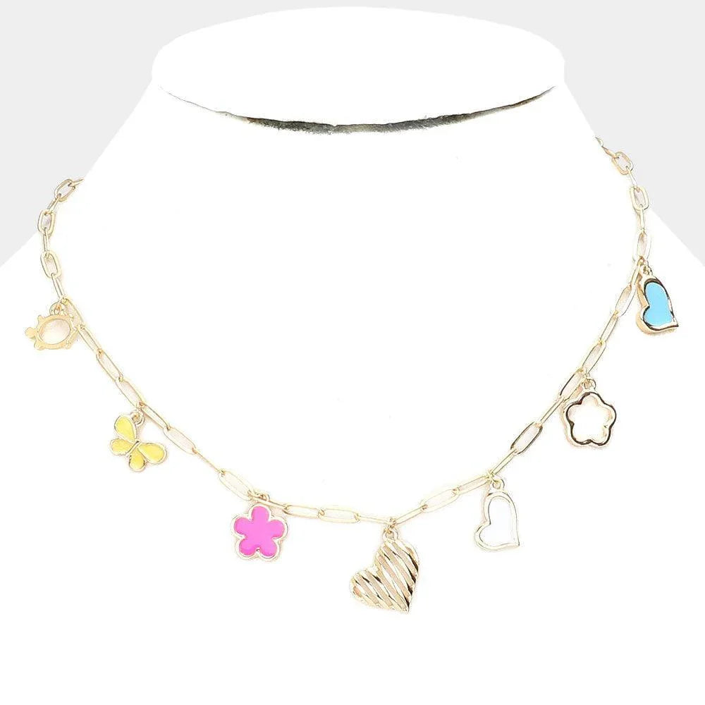Gold Turtle Butterfly Flower Heart Pendant Station Necklace - Jewelry Store by Erik Rayo