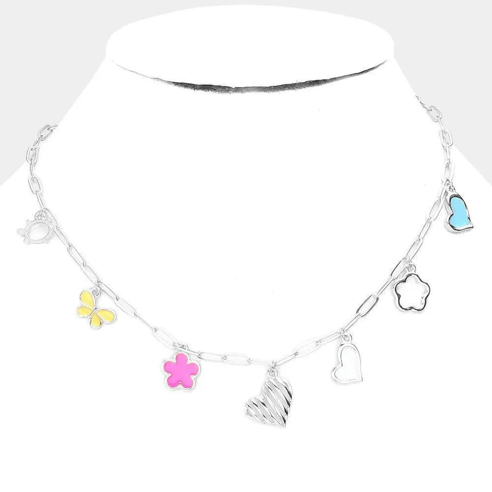 Turtle Butterfly Flower Heart Pendant Station Necklace - Jewelry Store by Erik Rayo