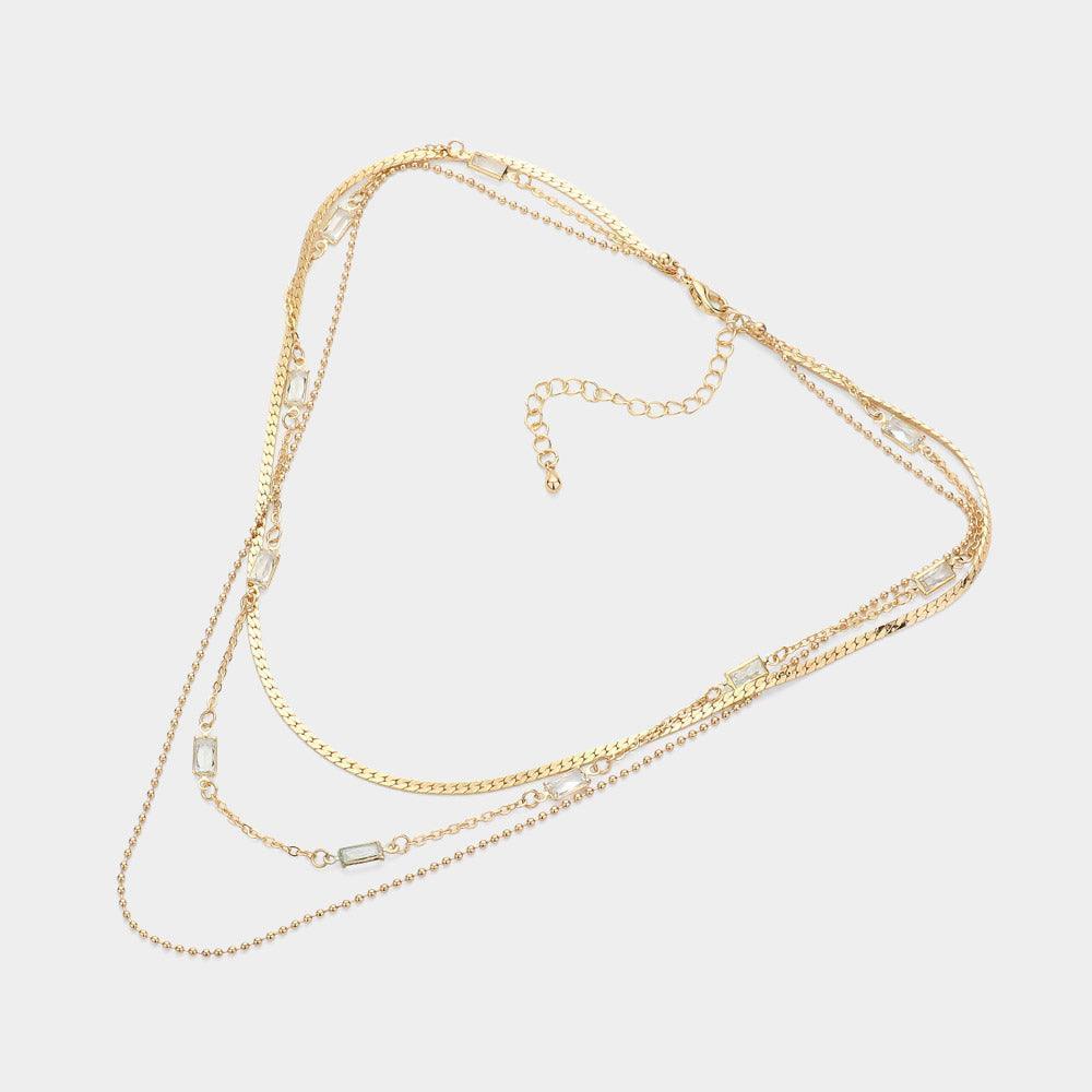 Gold Baguette Stone Charm Link Pointed Triple Layered Chain Necklace - Jewelry Store by Erik Rayo