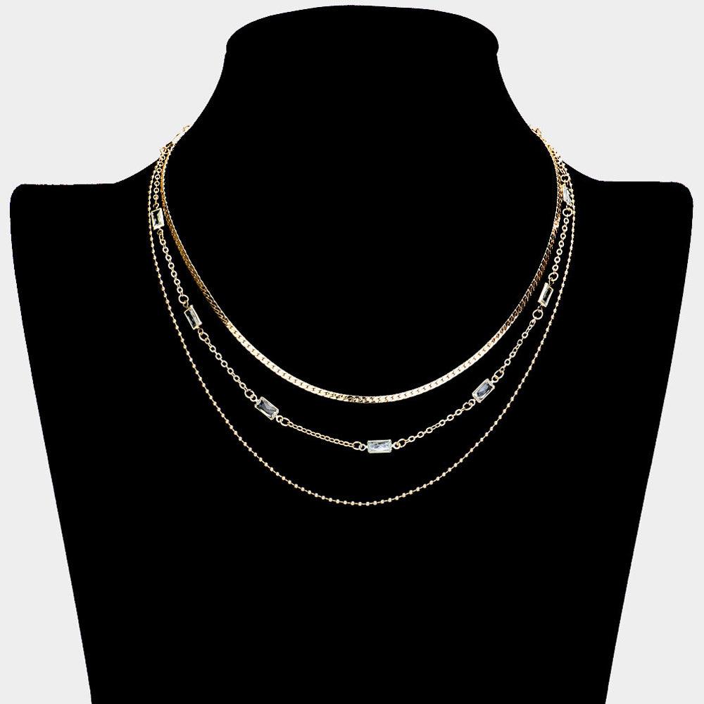 Gold Baguette Stone Charm Link Pointed Triple Layered Chain Necklace