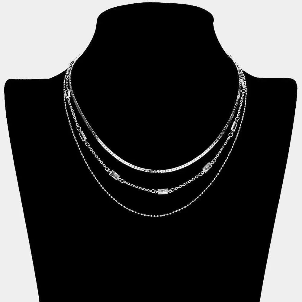 Baguette Stone Charm Link Pointed Triple Layered Chain Necklace - Jewelry Store by Erik Rayo