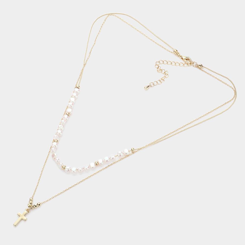 Cream Pearl Beaded Pointed Cross Pendant Double Layered Necklace - Jewelry Store by Erik Rayo