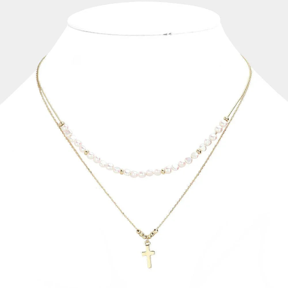 Cream Pearl Beaded Pointed Cross Pendant Double Layered Necklace - Jewelry Store by Erik Rayo