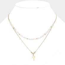 Load image into Gallery viewer, Cream Pearl Beaded Pointed Cross Pendant Double Layered Necklace
