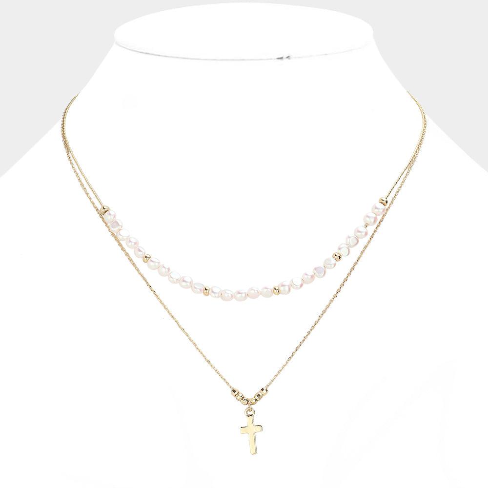 Cream Pearl Beaded Pointed Cross Pendant Double Layered Necklace