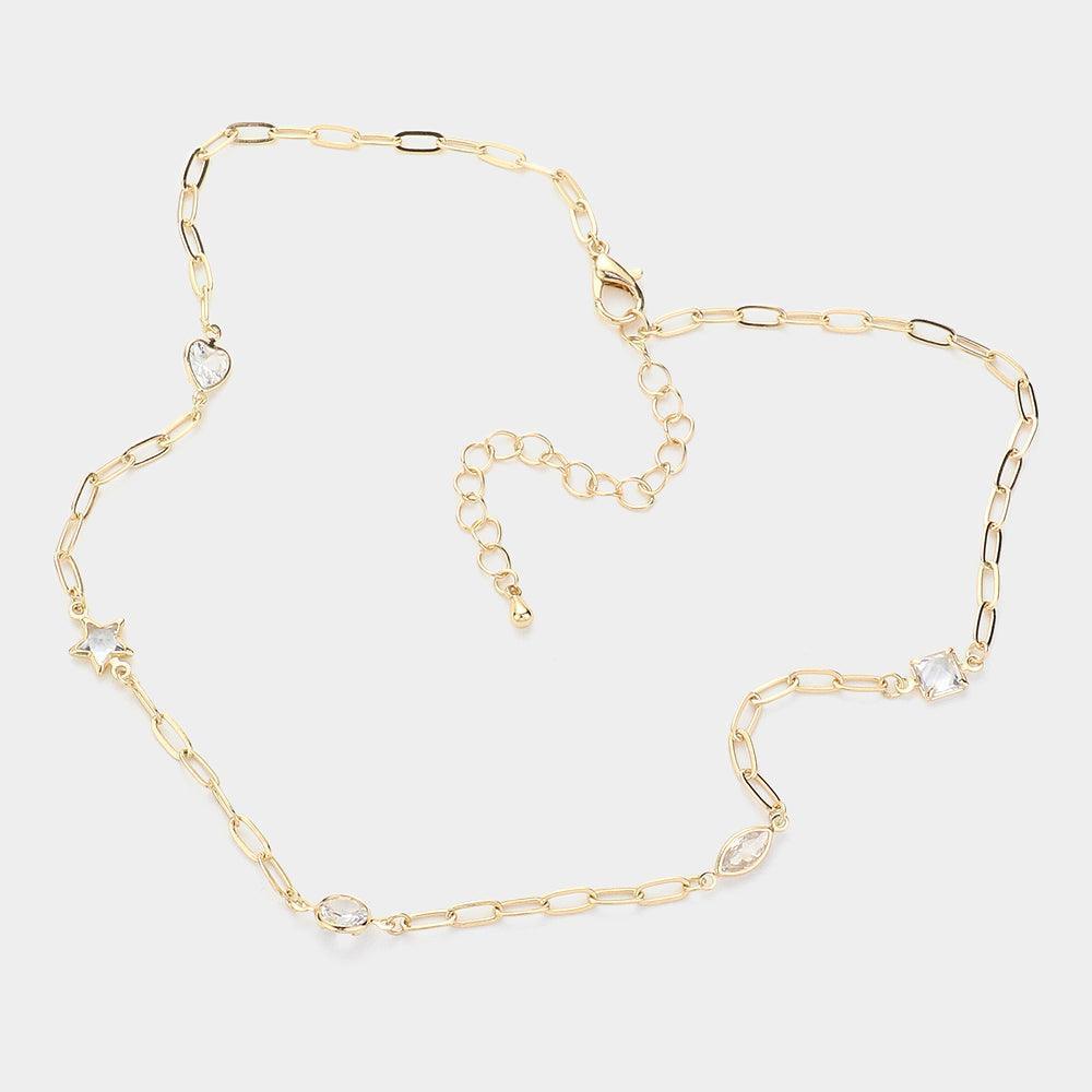 Gold Heart Star Oval Circle Clear Stone Cluster Station Necklace - Jewelry Store by Erik Rayo
