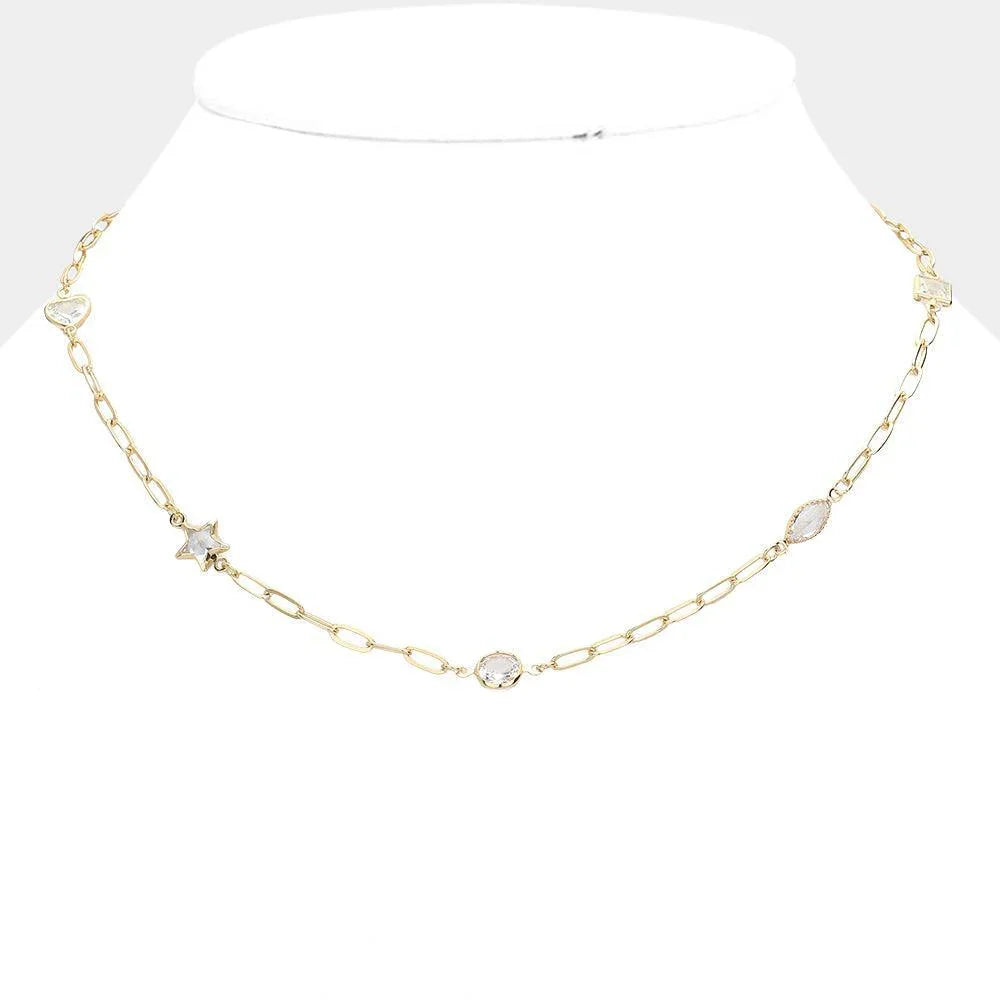 Gold Heart Star Oval Circle Clear Stone Cluster Station Necklace - Jewelry Store by Erik Rayo