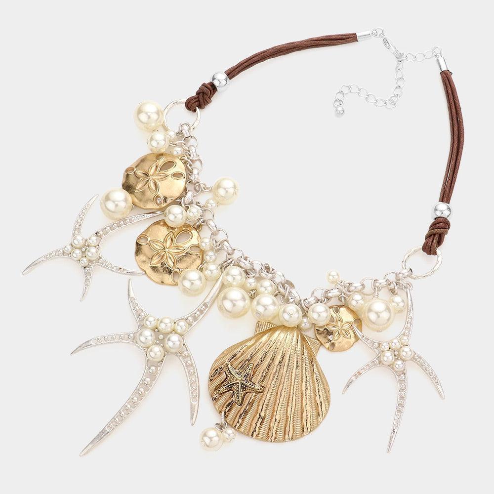 Two Tone Pearl embellished starfish shell pendant necklace - Jewelry Store by Erik Rayo