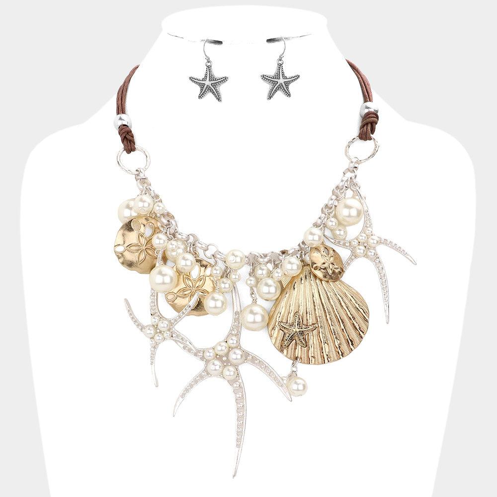 Two Tone Pearl embellished starfish shell pendant necklace