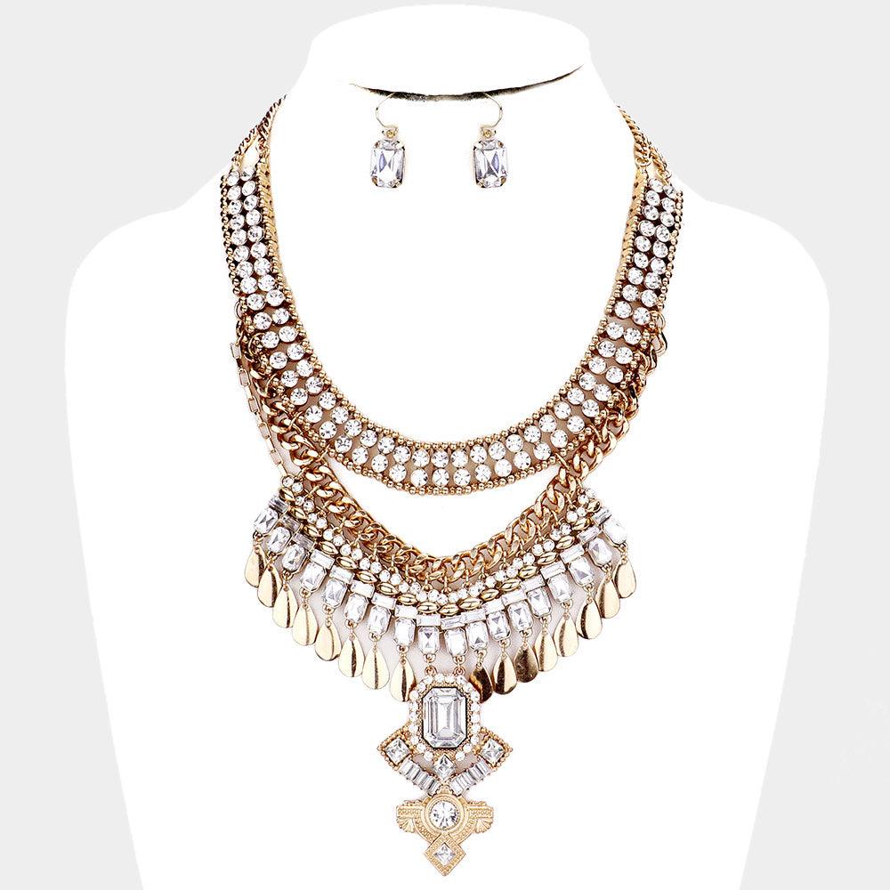 Gold Antique Stone Embellished Statement Necklace